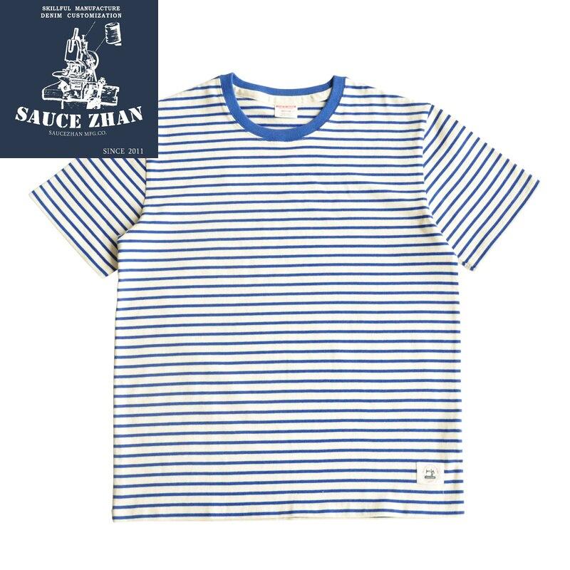 SauceZhan Free Shipp Navy Striped Sailor T-shirt Summer 100% Cotton Striped T-shirt Casual Male O-Neck Sailor T-shirt 310g