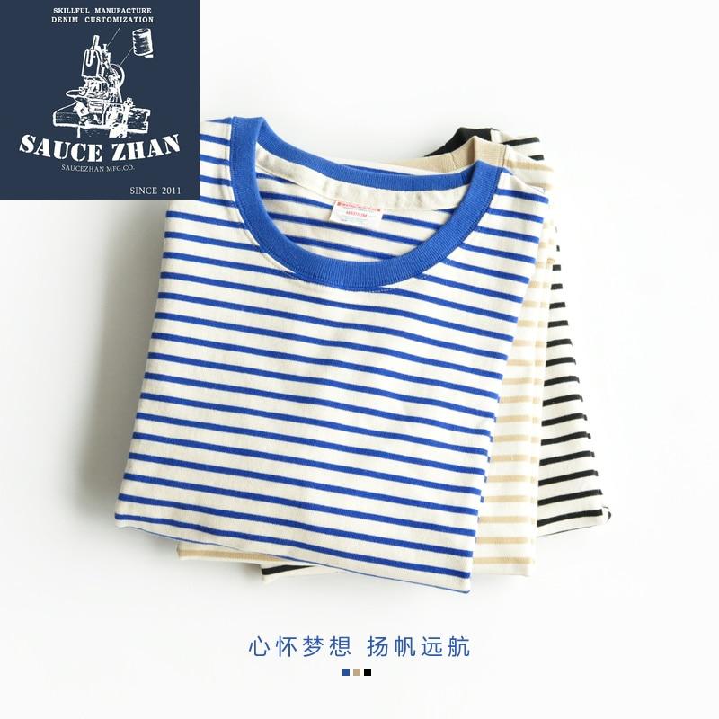 SauceZhan Free Shipp Navy Striped Sailor T-shirt Summer 100% Cotton Striped T-shirt Casual Male O-Neck Sailor T-shirt 310g